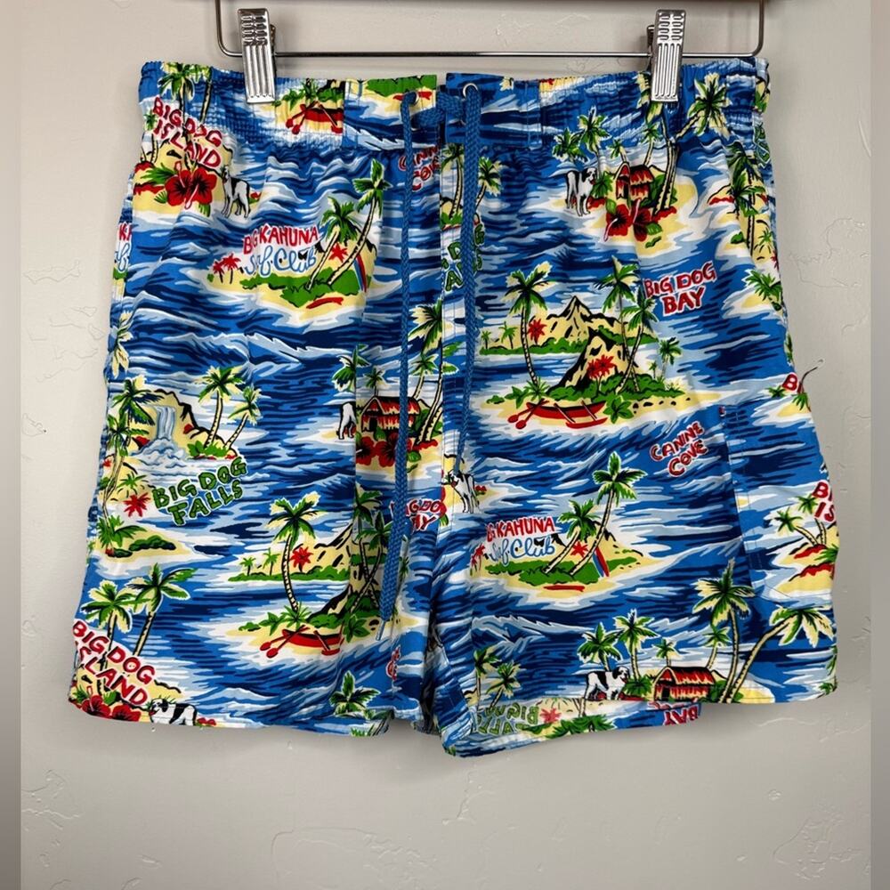 Vintage 90s Big Dogs Swim Trunks Hawaiian Print Shorts Tropical Beach Vacation M
